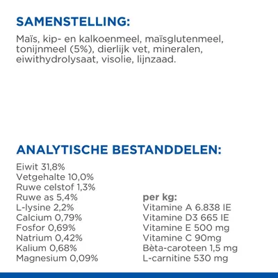 Samenstelling: maïs, kip- en kalkoenmeel, tonijnmeel (5%), dierlijk vet, mineralen. Analytische bestanddelen: eiwit 31,8%, vet 10%, calcium 0,79%, vitamine A 6.838 IE per kg.