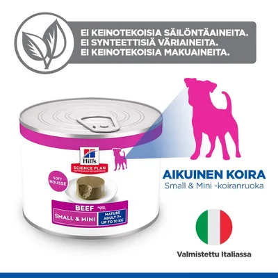 Hill's Science Plan Beef Small & Mini Soft Mousse, Mature Adult 7+ jopa 10 kg. Ei keinotekoisia säilöntäaineita, väriaineita tai aromeja. Valmistettu Italiassa. Hill's Science Plan Beef Small & Mini Soft Mousse, Mature Adult 7+ jopa 10 kg. Ei keinotekoisia säilöntäaineita, väriaineita tai aromeja. Valmistettu Italiassa.