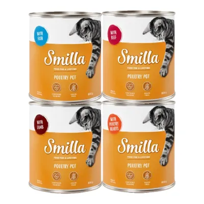 Cuatro latas de Smilla Poultry Pot, 800 g, para gatos. Variedades visibles: with fish, with beef, with lamb, with poultry hearts. Etiquetas: contiene taurina, grain free.