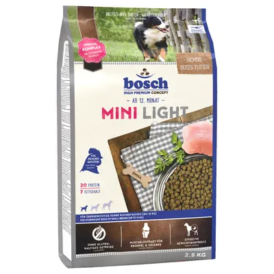 Bosch Mini Light alimento para perros a partir de 12 meses, para razas pequeñas con sobrepeso hasta 15 kg, con ave fresca, sin cereales con gluten, 20% proteína, 7% grasa, paquete de 2,5 kg.