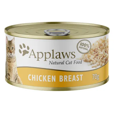 Konzerva Applaws Natural Cat Food, 100% Natural, CHICKEN BREAST, 70 g. Na obalu je vyobrazená kočka a kuřecí maso.