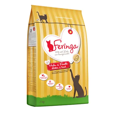 Feringa суха храна за котки с пиле и пъстърва, тиква, червена боровинка и котешка мента. Без зърнени храни, ценни протеини, гаранция за вкус, с таурин. Опаковка: 2 кг.