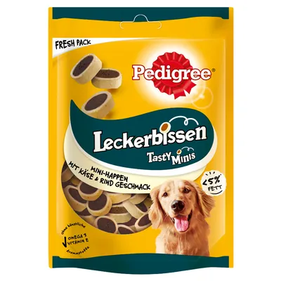 Pedigree Leckerbissen Tasty Minis, mini-happen con sabor a queso y ternera, menos de 5 % grasa, omega 3, vitamina E. Texto en alemán e inglés visible en el envase.