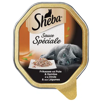 Sheba Sauce Spéciale, Frikassee mit Pute & Gemüse, à la Dinde & aux Légumes. Billede af grå kat og tallerken med vådfoder på emballagen.