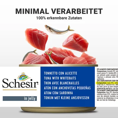 Schesir in Jelly. Minimalno predelano, 100% prepoznavne sestavine. Tuna z majhnimi sardelami. Sestava: tuna 51%, vlaga 85%. Dopolnilna hrana za mačke.