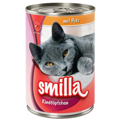 Консерва Smilla Rindtöpfchen за котки, надпис mit Pute, с изображение на сива котка и текст mit Taurin. Етикетът е на немски език. Консерва Smilla Rindtöpfchen за котки, надпис mit Pute, с изображение на сива котка и текст mit Taurin. Етикетът е на немски език.