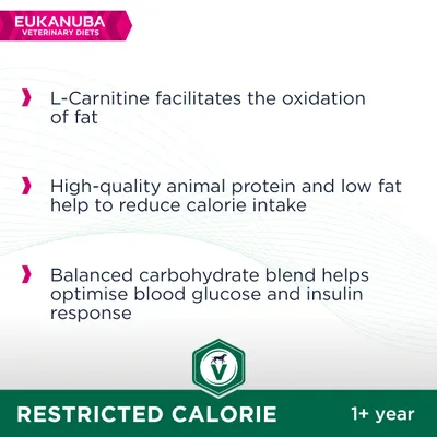 Eukanuba Veterinary Diets. Restricted Calorie 1+ year. L-Carnitine, dierlijk eiwit, weinig vet en uitgebalanceerde koolhydraten voor caloriebeperking en optimale bloedsuikerrespons. Tekst in Engels.
