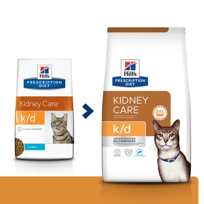 Porovnání starého a nového obalu Hill's Prescription Diet Kidney Care k/d pro kočky. Nový obal: nápisy KIDNEY CARE, k/d, VETERINARIAN RECOMMENDED, obrázek kočky.