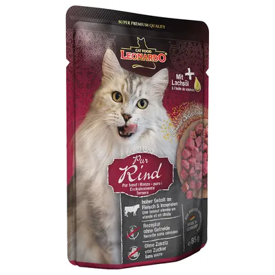 Leonardo Cat Food Pur Rind, alimento per gatti con manzo puro, olio di salmone, senza cereali né zucchero aggiunto, confezione da 85g. Made in Germany.