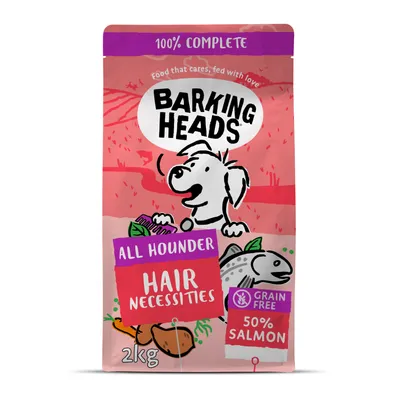 Barking Heads All Hounder Hair Necessities, grain free, 50% salmon, 2kg. Label states 100% complete food.