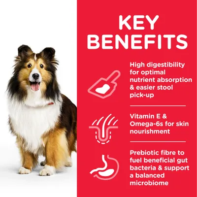 Key benefits: high digestibility for nutrient absorption and easier stool pick-up, vitamin E and omega-6s for skin nourishment, prebiotic fibre for gut health and balanced microbiome.