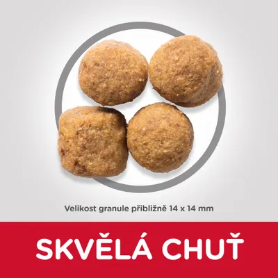 Štyri granule, veľkosť približne 14 × 14 mm. Text: SKVĚLÁ CHUŤ (česky).