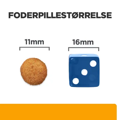 Foderpillestørrelse vist: foderpille 11 mm ved siden af blå terning 16 mm. Tekst: FODERPILLESTØRRELSE, 11 mm, 16 mm.