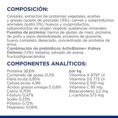 Composición: cereales, proteínas vegetales, aceites y grasas, carnes, huevo, minerales. Componentes analíticos: proteína 28,6 %, grasa 21,5 %, fibra 0,95 %, vitaminas A, D3, E, C.