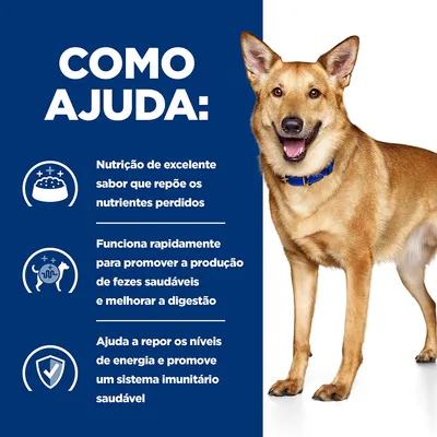 Texto: COMO AJUDA: Nutrição de excelente sabor que repõe os nutrientes perdidos. Funciona rapidamente para promover fezes saudáveis e melhorar a digestão. Ajuda a repor energia e imunidade.