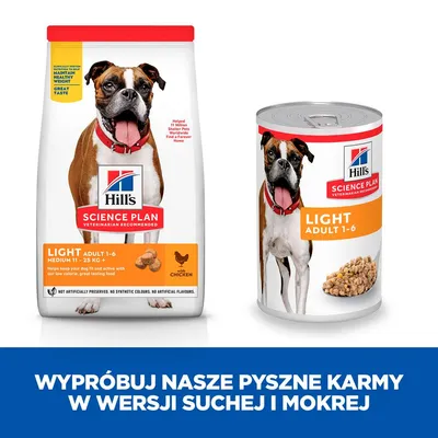 Hill's Science Plan Light Adult 1–6 Medium 11–25 kg z kurczakiem, karma sucha i mokra dla psów. Napis: Wypróbuj nasze pyszne karmy w wersji suchej i mokrej.