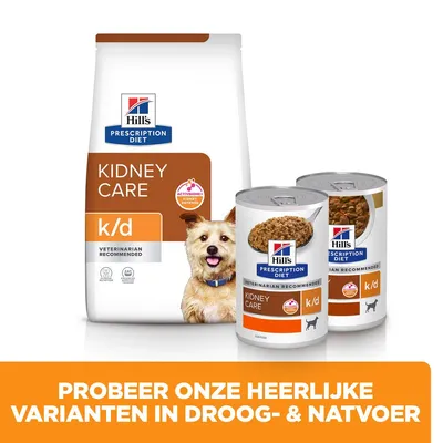 Hill's Prescription Diet Kidney Care k/d droog- en natvoer, verpakking met kattenpictogram. Tekst: Probeer onze heerlijke varianten in droog- & natvoer.
