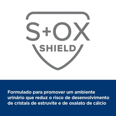 S+OX SHIELD. Formulado para promover um ambiente urinário que reduz o risco de desenvolvimento de cristais de estruvite e de oxalato de cálcio.