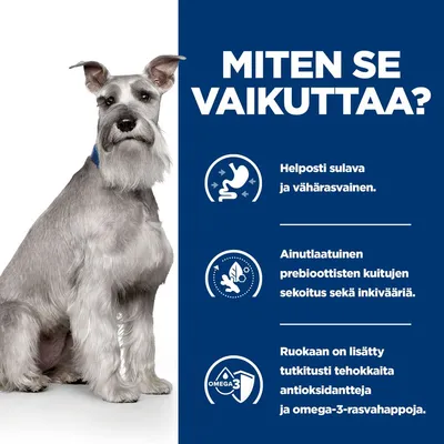 Teksti: Miten se vaikuttaa? Helposti sulava ja vähärasvainen. Ainutlaatuinen prebioottisten kuitujen sekoitus sekä inkivääriä. Lisätty antioksidantteja ja omega-3-rasvahappoja.