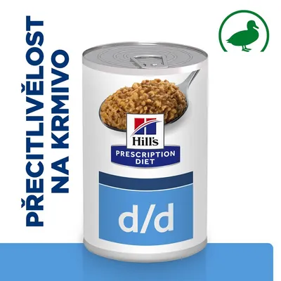 Konzerva Hill's Prescription Diet d/d, text: Přecitlivělost na krmivo, obrázek kachny v zeleném kruhu.