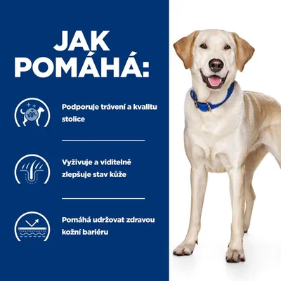 Jak pomáhá: Podporuje trávení a kvalitu stolice, vyživuje a viditelně zlepšuje stav kůže, pomáhá udržovat zdravou kožní bariéru. Vedle stojící pes s modrým obojkem.