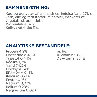 Sammensætning: kød og derivater af animalsk oprindelse (and 27 %), korn, olie, fedtstoffer, mineraler, vegetabilske derivater. Proteinkilde: and. Kulhydratkilde: ris. Analytiske bestanddele: protein 4,9 %, fedt 4,6 %, vand 74 %, A-vitamin 5.881 IE, D3-vitamin 351 IE.
