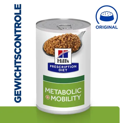 Hill's Prescription Diet blik met natvoer, labeltekst: METABOLIC + MOBILITY. Zichtbare tekst: GEWICHTSCONTROLE en ORIGINAL met pictogram van voerbak.