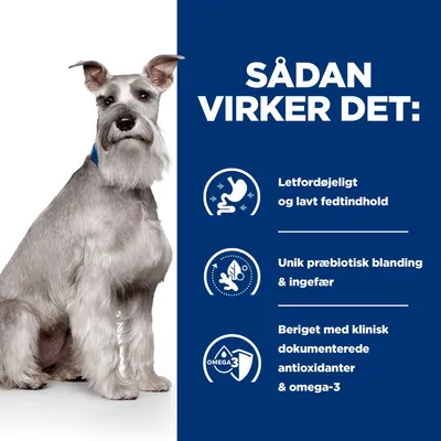 SÅDAN VIRKER DET: Letfordøjeligt og lavt fedtindhold. Unik præbiotisk blanding & ingefær. Beriget med klinisk dokumenterede antioxidanter & omega-3. Billede af schnauzer ved siden af tekst.