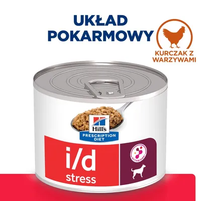 Hill's Prescription Diet i/d stress, układ pokarmowy, kurczak z warzywami, puszka karmy dla psa, widoczne logo ActivBiome+ oraz ilustracja psa.