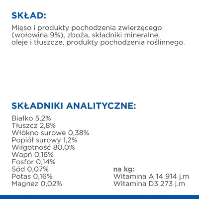 Skład: mięso i produkty pochodzenia zwierzęcego (wołowina 9%), zboża, składniki mineralne, oleje i tłuszcze, produkty pochodzenia roślinnego. Składniki analityczne: białko 5,2%, tłuszcz 2,8%, włókno surowe 0,38%, popiół surowy 1,2%, wilgotność 80,0%, wapń 0,16%, fosfor 0,14%, sód 0,07%, potas 0,16%, magnez 0,02%. Na kg: witamina A 14 914 j.m, witamina D3 273 j.m.