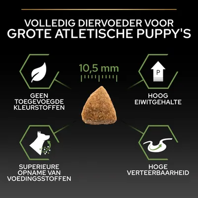 Volledig diervoeder voor grote atletische puppy's, brokgrootte 10,5 mm, geen toegevoegde kleurstoffen, hoog eiwitgehalte, superieure opname van voedingsstoffen, hoge verteerbaarheid.