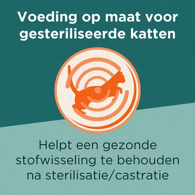 Voeding op maat voor gesteriliseerde katten. Helpt een gezonde stofwisseling te behouden na sterilisatie/castratie.