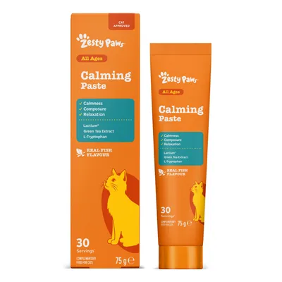 Zesty Paws Calming Paste til katte, 75 g, 30 portioner, med Lactium, grøn te-ekstrakt, L-Tryptophan, smag: ægte fisk. Til alle aldre. Tilskudsfodermiddel.