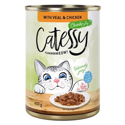 Catessy Chunks in Gravy mit Kalb und Huhn, 400 g Dose. Deliciously juicy, ohne Zuckerzusatz.