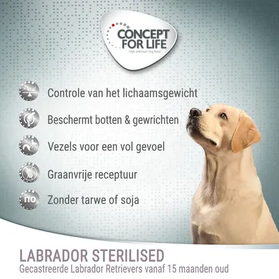Concept for Life Labrador Sterilised. Controle van het lichaamsgewicht, beschermt botten & gewrichten, vezels voor vol gevoel, graanvrije receptuur, zonder tarwe of soja.