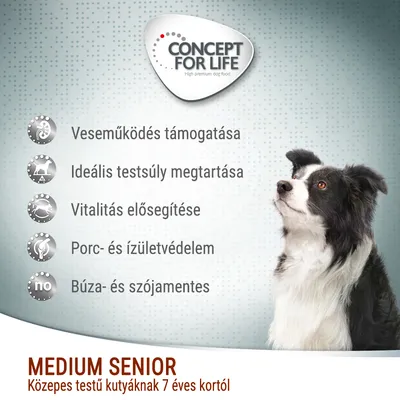Concept for Life Medium Senior, közepes testű kutyáknak 7 éves kortól. Veseműködés támogatása, ideális testsúly, vitalitás, porc- és ízületvédelem, búza- és szójamentes.