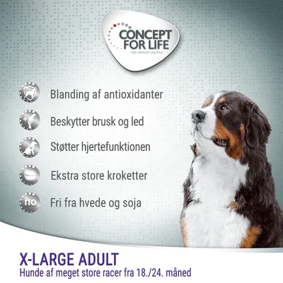 CONCEPT FOR LIFE. Blanding af antioxidanter, beskytter brusk og led, støtter hjertefunktionen, ekstra store kroketter, fri fra hvede og soja. X-LARGE ADULT Hunde af meget store racer fra 18./24. måned