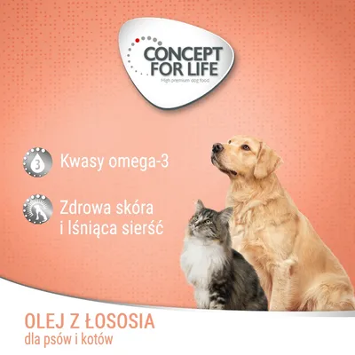 Concept for Life. Olej z łososia dla psów i kotów. Kwasy omega-3, zdrowa skóra i lśniąca sierść. Na zdjęciu pies i kot.