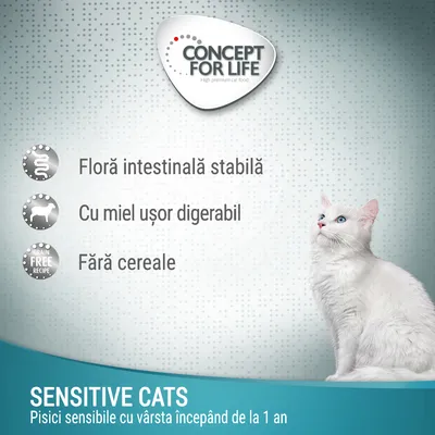 Concept for Life Sensitive Cats. Floră intestinală stabilă, cu miel ușor digerabil, fără cereale. Pisici sensibile cu vârsta începând de la 1 an.
