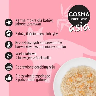 COSMA PURE LOVE asia. Karma mokra dla kotów, jakość premium, dużo mięsa lub ryby, bez sztucznych konserwantów, wielobiałkowa, z ryżem, zgodna z potrzebami gatunku.