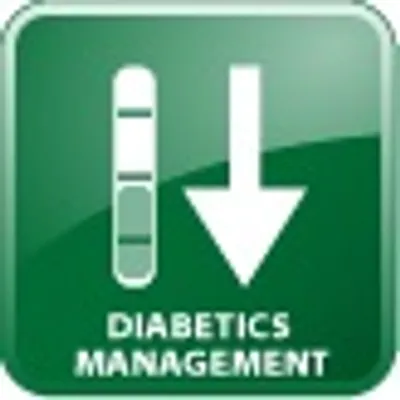 DIABETICS MANAGEMENT – το κείμενο εμφανίζεται στα αγγλικά κάτω από μια λωρίδα μέτρησης και ένα βέλος προς τα κάτω σε πράσινο φόντο.