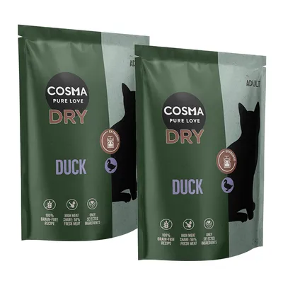 Cosma Pure Love Dry Duck, Adult. 100% беззерновой состав, высокое содержание мяса: 50% свежее мясо, только отборные ингредиенты. На упаковке силуэт кошки.