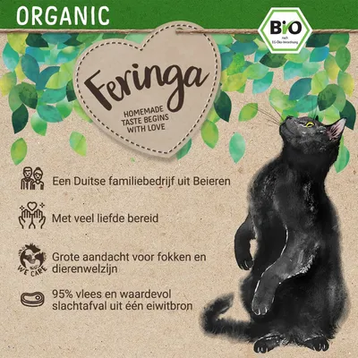 Feringa. Homemade taste begins with love. Een Duitse familiebedrijf uit Beieren, met veel liefde bereid, grote aandacht voor fokken en dierenwelzijn, 95% vlees uit één eiwitbron.