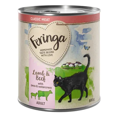 Feringa Classic Meat, Adult, lammas ja nauta herneiden ja vesikrassin kanssa, 800g. Kuvitus mustasta kissasta ja maisemasta purkissa.