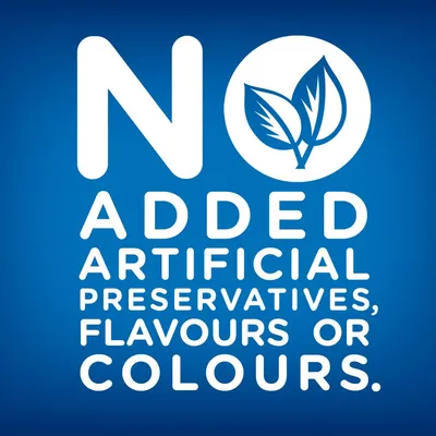 NO ADDED ARTIFICIAL PRESERVATIVES, FLAVOURS OR COLOURS. Tekst na engleskom jeziku o izostanku umjetnih konzervansa, aroma i boja.