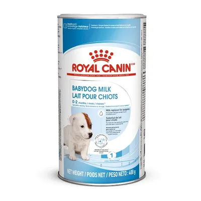 Royal Canin Babydog Milk za štence 0–2 mjeseca, limenka 400 g, tekst na engleskom i francuskom, slika šteneta, zamjena za mlijeko za štence.