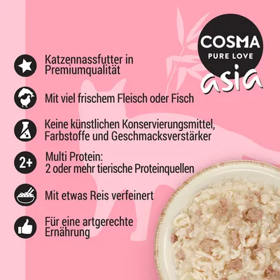 COSMA PURE LOVE asia. Texte en allemand : aliment humide premium pour chats, viande ou poisson frais, sans additifs artificiels, multi-protéines, avec riz, alimentation adaptée.