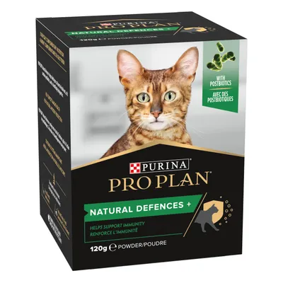 Purina Pro Plan Natural Defences+ cat supplement, 120g powder. With postbiotics. Helps support immunity. Text in English and French on packaging.