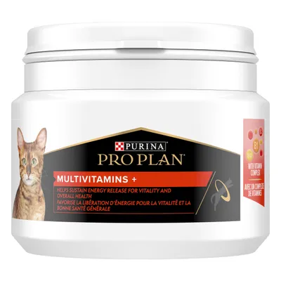 Purina Pro Plan Multivitamins+ container with cat image, visible text: 'Helps sustain energy release for vitality and overall health', 'With vitamin complex B1, B2, B12'