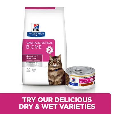 Hill's Prescription Diet Gastrointestinal Biome dry and wet food, digestive and fibre care, veterinarian recommended. Text: Try our delicious dry and wet varieties.